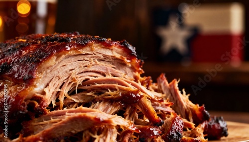 Close Up Of Juicy Pulled Pork BBQ With Glazed Crust