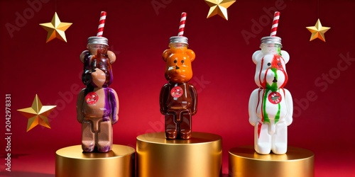 Three Bear Shaped Holiday Drink Bottles On Gold Podiums