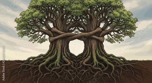 Canvastavla Vast ancient trees with deeply interwoven roots and branches, creating a symboli
