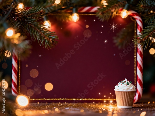 Christmas Certificate Frame With Fir Branches Lights And Coffee