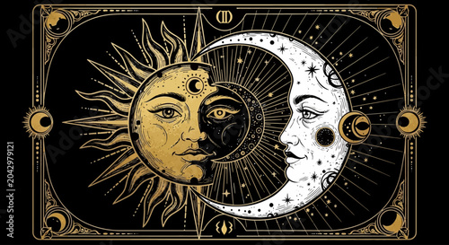 Fényképezés Enigmatic Celestial Duality An Ornate Illustration of the Sun and Moon with Inte