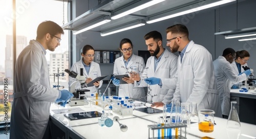 A group of scientists in a laboratory, discussing a research project.