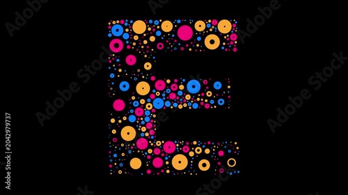 Letter E colorful dots blue yellow and red bubbling on black background letter animation
