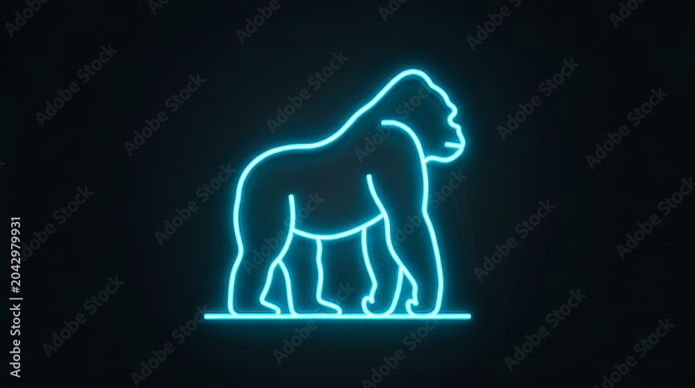 Fototapeta premium Neon light glowing gorilla silhouette on dark background with silhouette wildlife creative