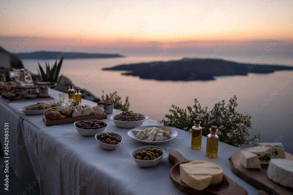Fototapeta premium An elegant buffet stretches toward a glowing horizon above calm water.