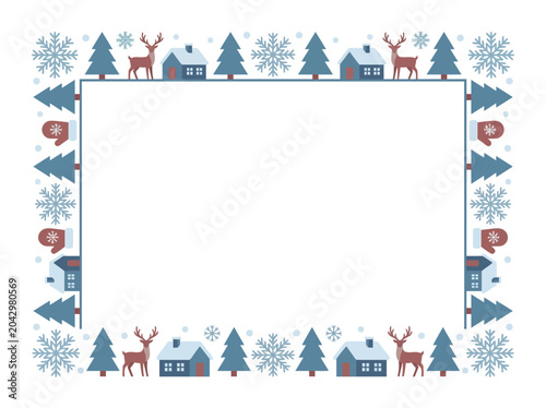 Bild auf Leinwand A charming winter holiday border frame featuring houses, deer, fir trees, snowflakes, and mittens on a white background
