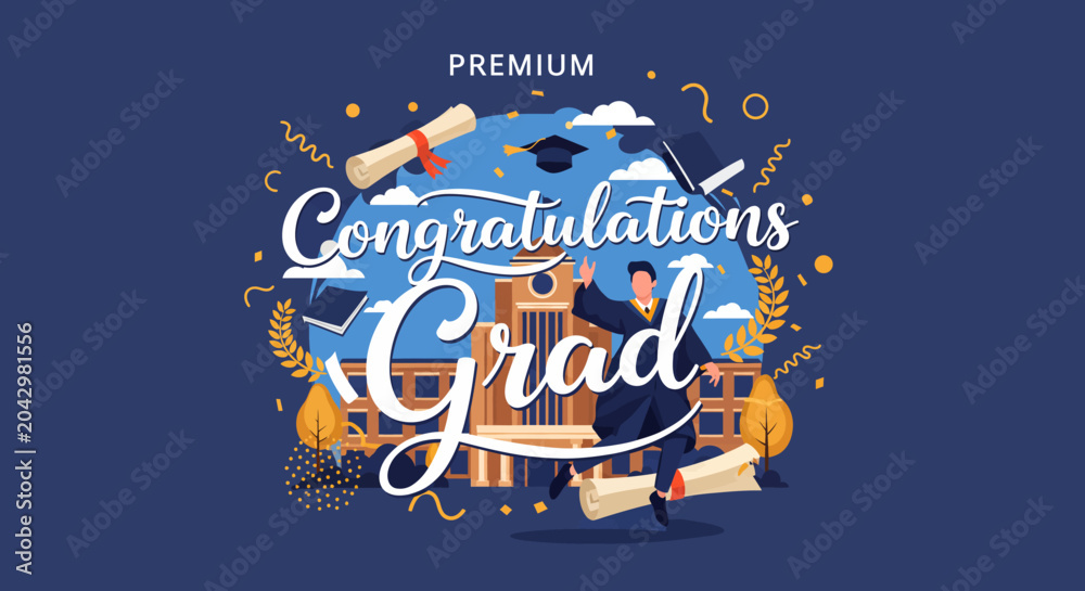 Fototapeta premium Graduation celebration with student jumping in front of university