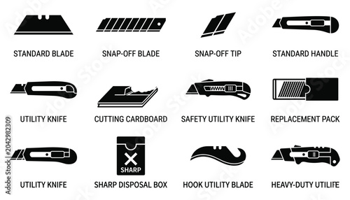Set of isolated utility knife blade and cutting tool icons for hardware construction works vector.