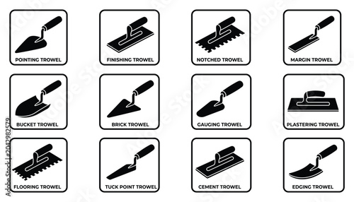 Construction masonry trowel vector illustration set with various plastering and flooring hand tools.