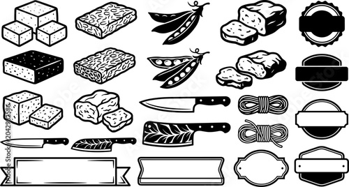 Tofu and tempeh food icon set with badge logo elements