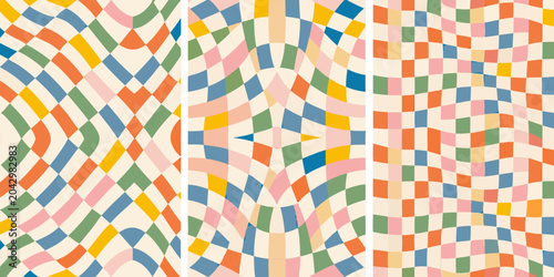 Bild auf Leinwand wavy checkerboard pattern triptych geometric abstract design