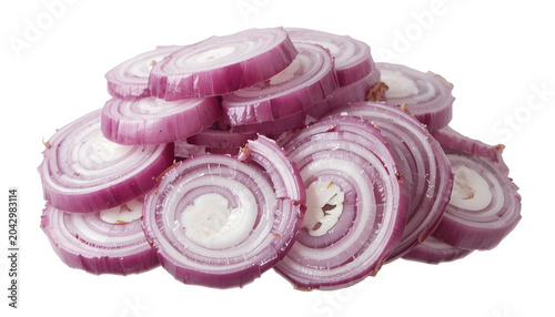 A fresh, raw sliced red onion and a cut half are isolated on a crisp white background, showcasing the vibrant purple and pink rings of this healthy, organic salad ingredient