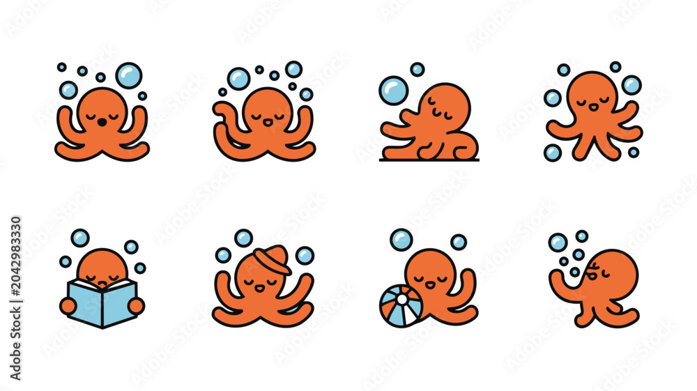 Fototapeta premium Cute cartoon octopus character set with bubbles Vector