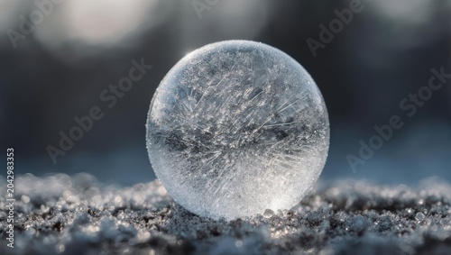 Close-up of a frozen soap bubble with intricate ice crystal patterns, resting on icy surface