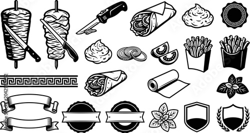 Doner kebab street food vector icons and branding elements set