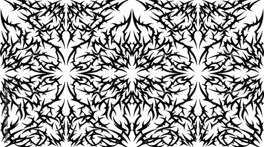 Fototapeta premium Seamless pattern of sharp tribal thorns and spiky organic shapes in black and white for textile or wallpaper background