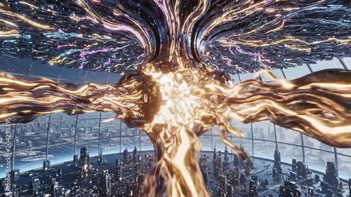 Futuristic glowing energy tree over abstract neon city grid