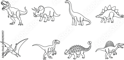 Foto Set of various dinosaur species drawn in a continuous single line style includin