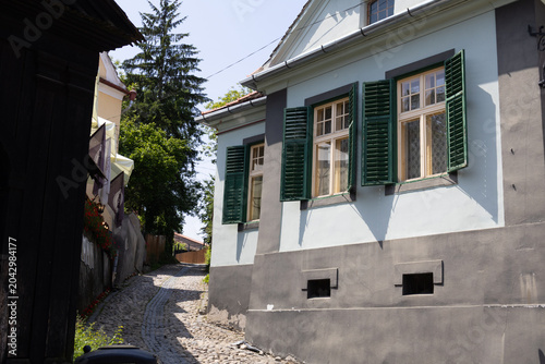 Tableau sur toile Traditional European House Facade with Green Wooden Shutters