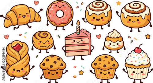 Φωτογραφία Cute Kawaii Bakery and Dessert Collection Featuring Croissant Donut Cinnamon Rol