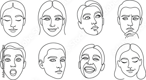 Collection of human faces with diverse facial expressions drawn in a continuous single line style including surprise, laughter, thought, and calmness on white