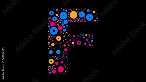 Letter F colorful dots blue yellow and red bubbling on black background letter animation