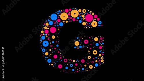 Letter G colorful dots blue yellow and red bubbling on black background letter animation