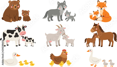 Cuadro en lienzo Cute Farm Animal Families Collection Featuring Bear Wolf Fox Cow Goat Horse Duck
