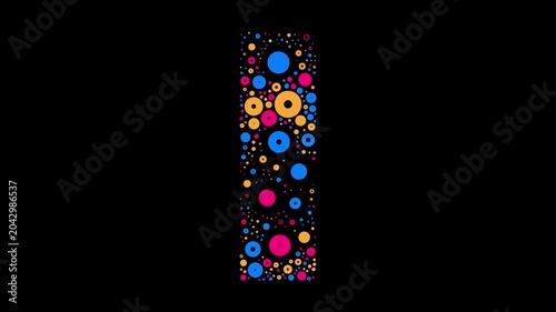 Letter I colorful dots blue yellow and red bubbling on black background letter animation