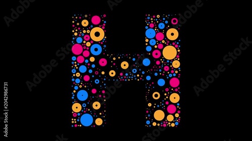 Letter H colorful dots blue yellow and red bubbling on black background letter animation