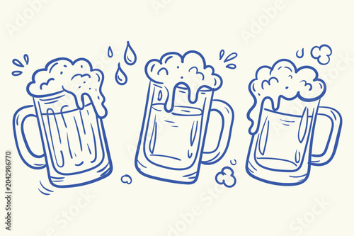 Blue Hand Drawn Beer Mugs with Foam Set of Three Alcohol Drink Illustration