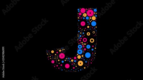 Letter J colorful dots blue yellow and red bubbling on black background letter animation