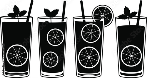 Cuadro en lienzo Refreshing citrus cocktail silhouettes, decorative beverage glasses with fruit g