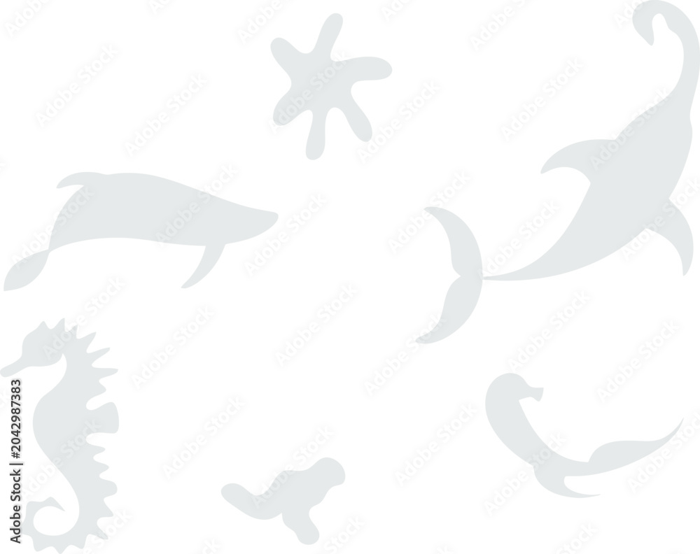 Fototapeta premium Gray Sea Creatures Silhouettes on White Background