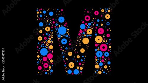 Letter M colorful dots blue yellow and red bubbling on black background letter animation