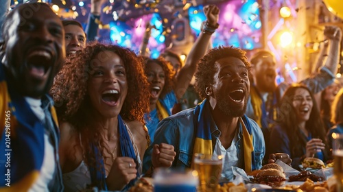 Group of happy african american man and woman football fans cheering while watching exciting match in sports bar. Cheerful friends celebrating winning goal. Soccer fan community concept.