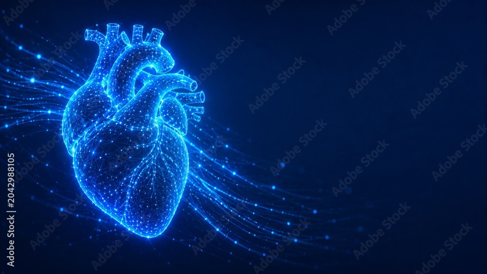 Obraz premium Human heart anatomy rendered as a 3D digital wireframe model. Glowing blue scientific illustration of an organ for medical research and cardiology diagnostics. Future healthcare technology.