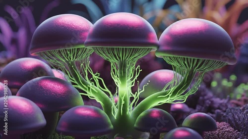Glowing purple mushrooms with green mycelium in a fantasy alien landscape