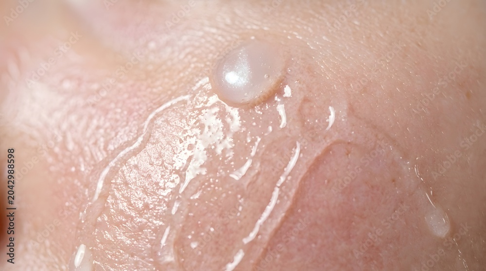 Fototapeta premium Skin texture macro close up with pearlescent gel drop spreading on surface