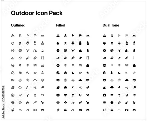 Photos Outdoor Adventure Icons Pack, Consistent Editable Outline Vector Icons for UI an