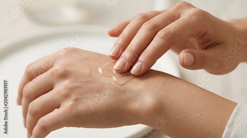 Woman applying clear moisturizing serum or gel lotion on her hands for soft and healthy skin care routine