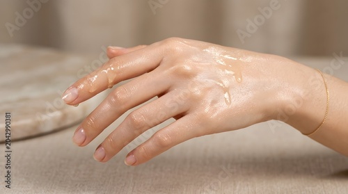 Young woman applying moisturizing cream or lotion on her hand for smooth healthy skin care routine