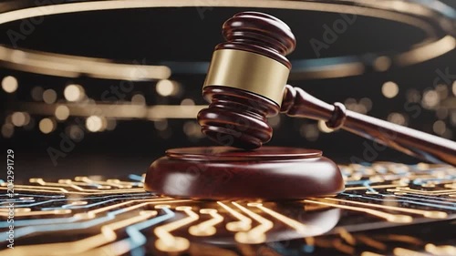 Wooden judge gavel on a glowing digital circuit board representing technology law and cyber justice