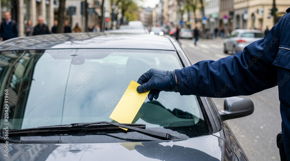 Obraz premium Parking Ticket Notice on Car Windshield in Urban Street