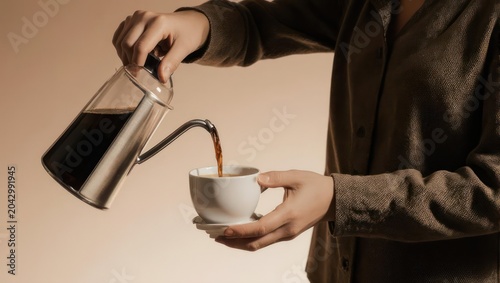 Person pouring dark liquid from a glass carafe into a white mug. Beige backdrop