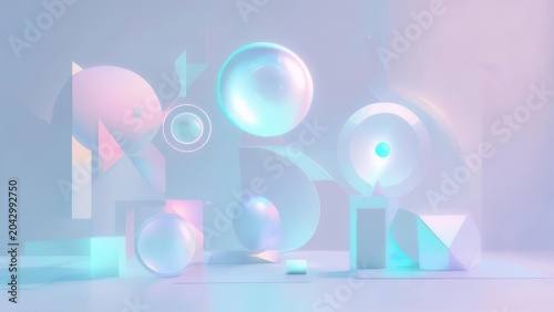 Pastel geometric shapes and spheres float in soft, ethereal light, creating a dreamy composition