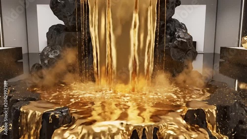 Liquid gold waterfall over dark rocks in a luxury interior