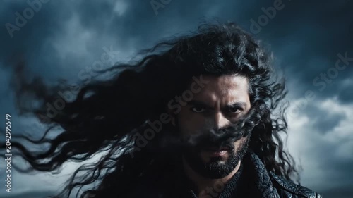 Man with long hair blowing over eyes under stormy sky