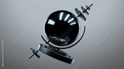 Floating black sphere with mechanical gears and wooden base abstract modern art sculpture dramatic lighting