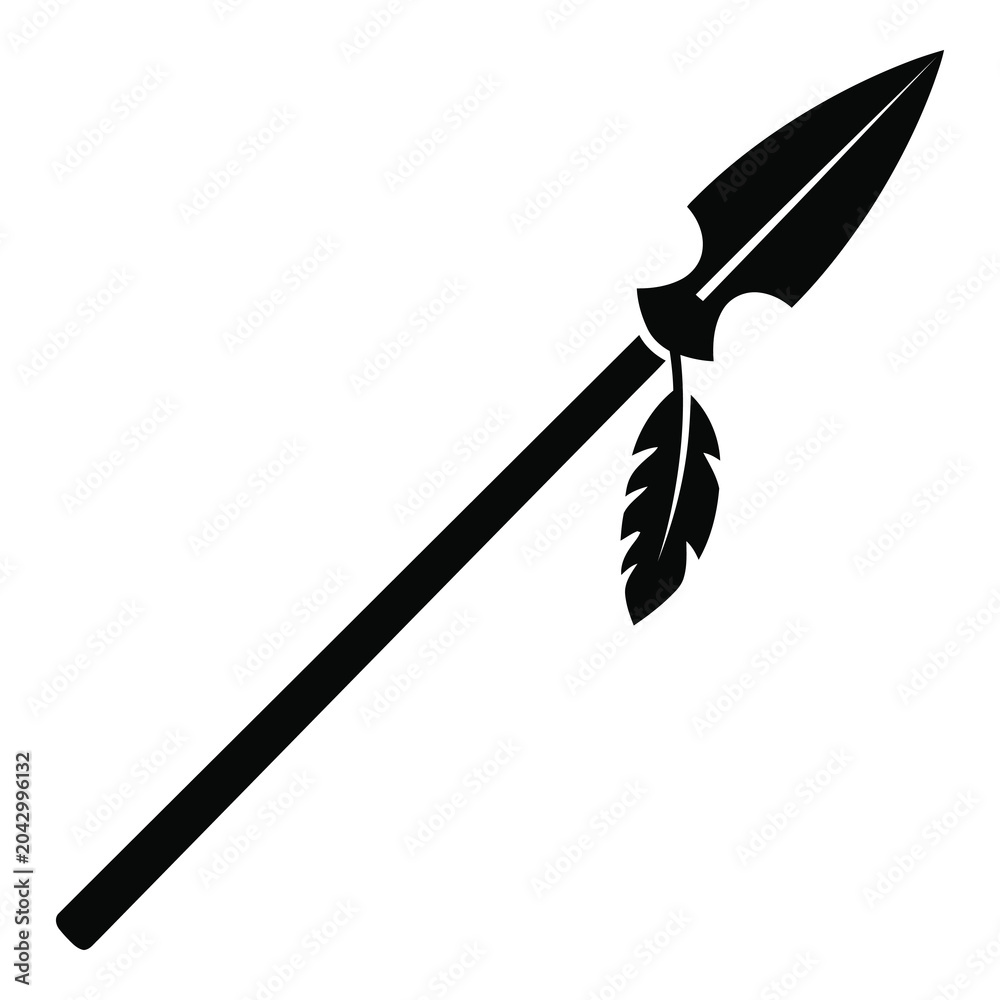 Obraz premium Black spear with feather tied to the shaft hunting tool icon